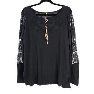 Free People Crochet Lace Up Whimsigoth Top L Black Long Sleeves Sheer Dark Boho